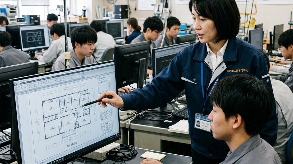 山口県のCAD設計訓練風景（指導員と生徒）